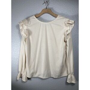 Liam & Co Ruffle Shoulder Top Blouse M Bell Cuff Ivory Cream Ribbed Academia